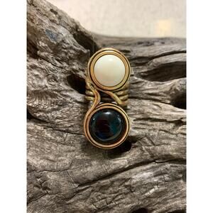 Oscar de la Renta Gold and Cream Double Stone Ring